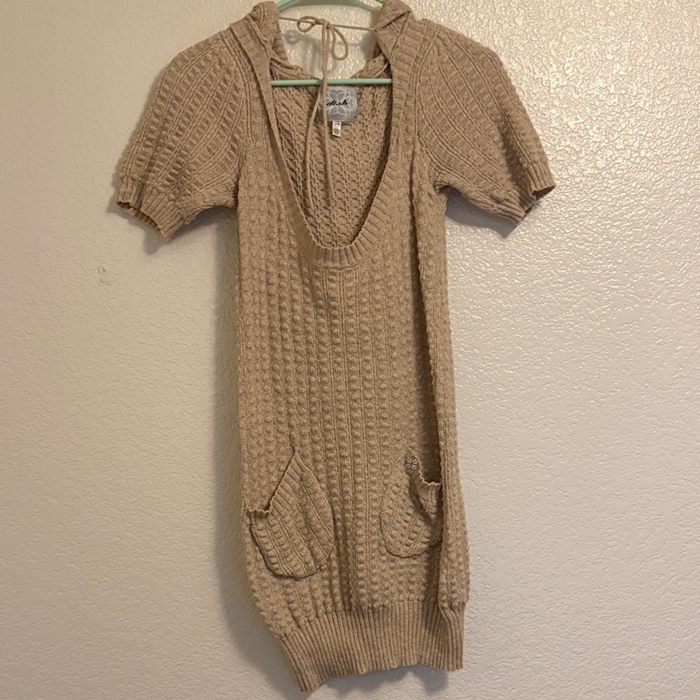Beige Knit Short Sleeve Sweater Dress